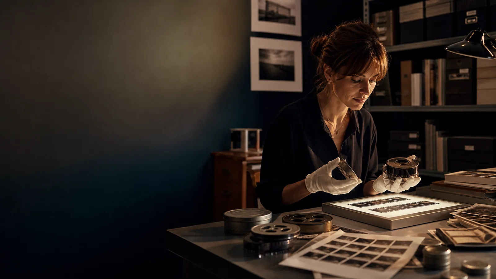 Synthetic archive specialist inspecting a film reel above a light table in a preservation studio.